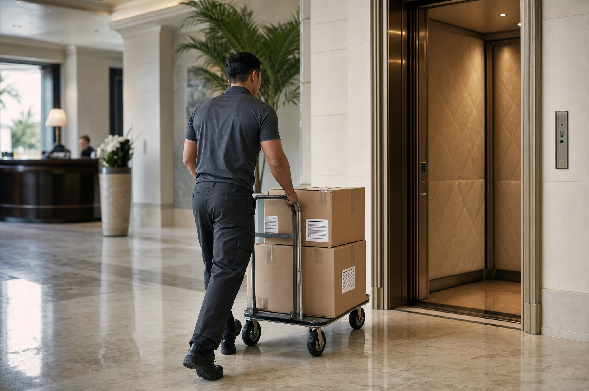 Mover pushing a dolly of labeled boxes through a luxury Newport Beach condominium lobby toward a padded elevator