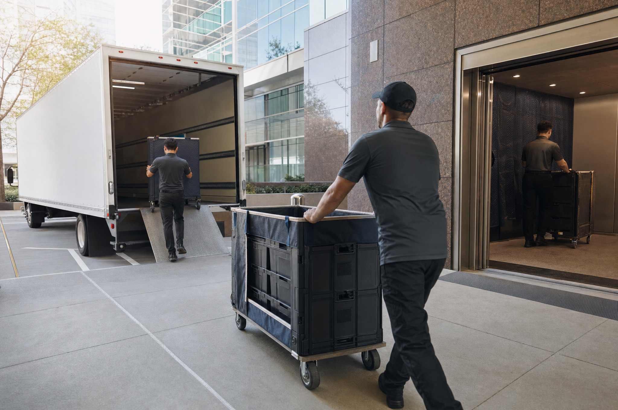 Movers wheeling library carts and office crates through the loading dock of a modern glass office building in Newport Center