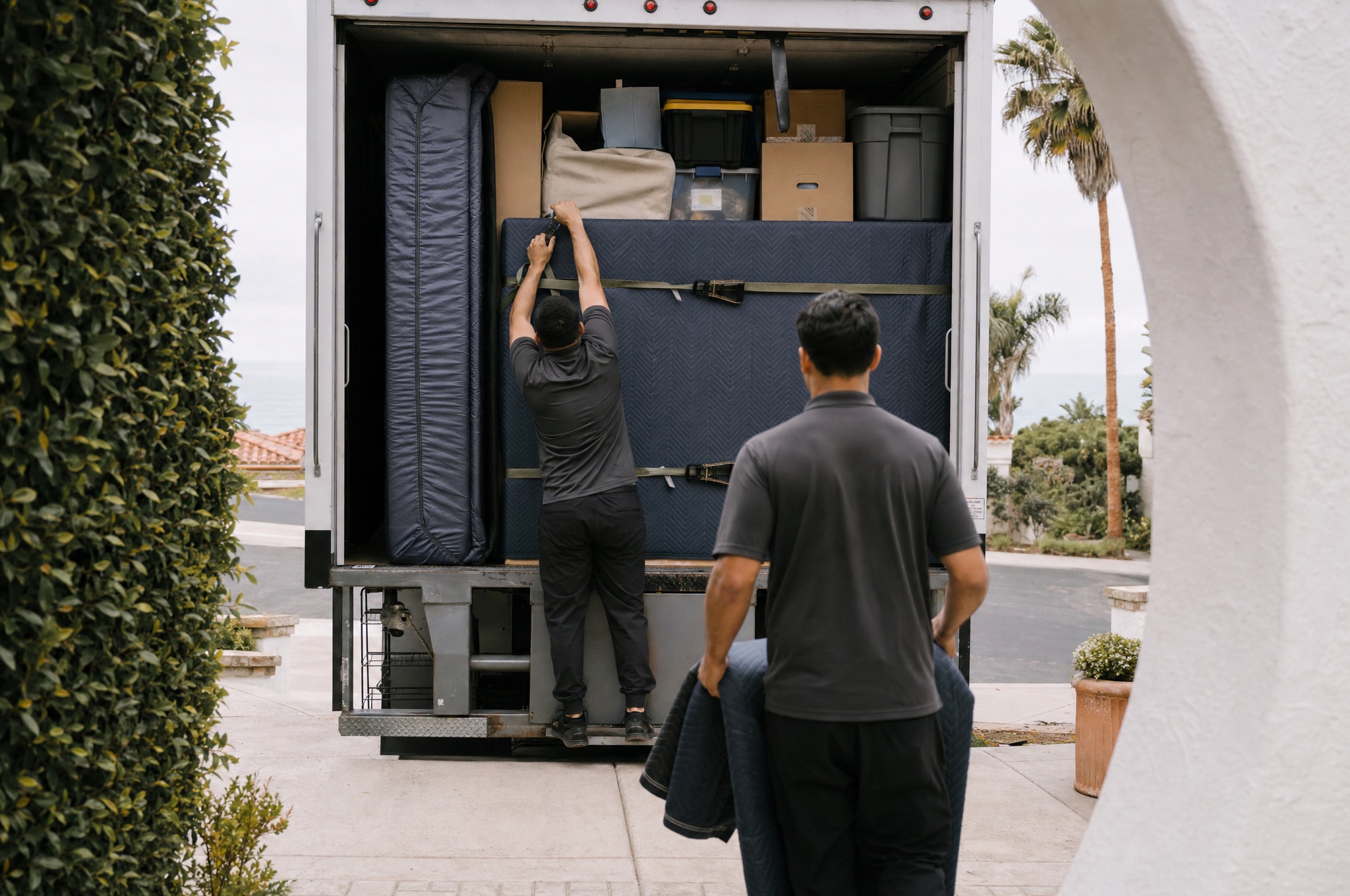 Moving crew loading and strapping wrapped furniture inside a rental truck at a Spanish-style Orange County home