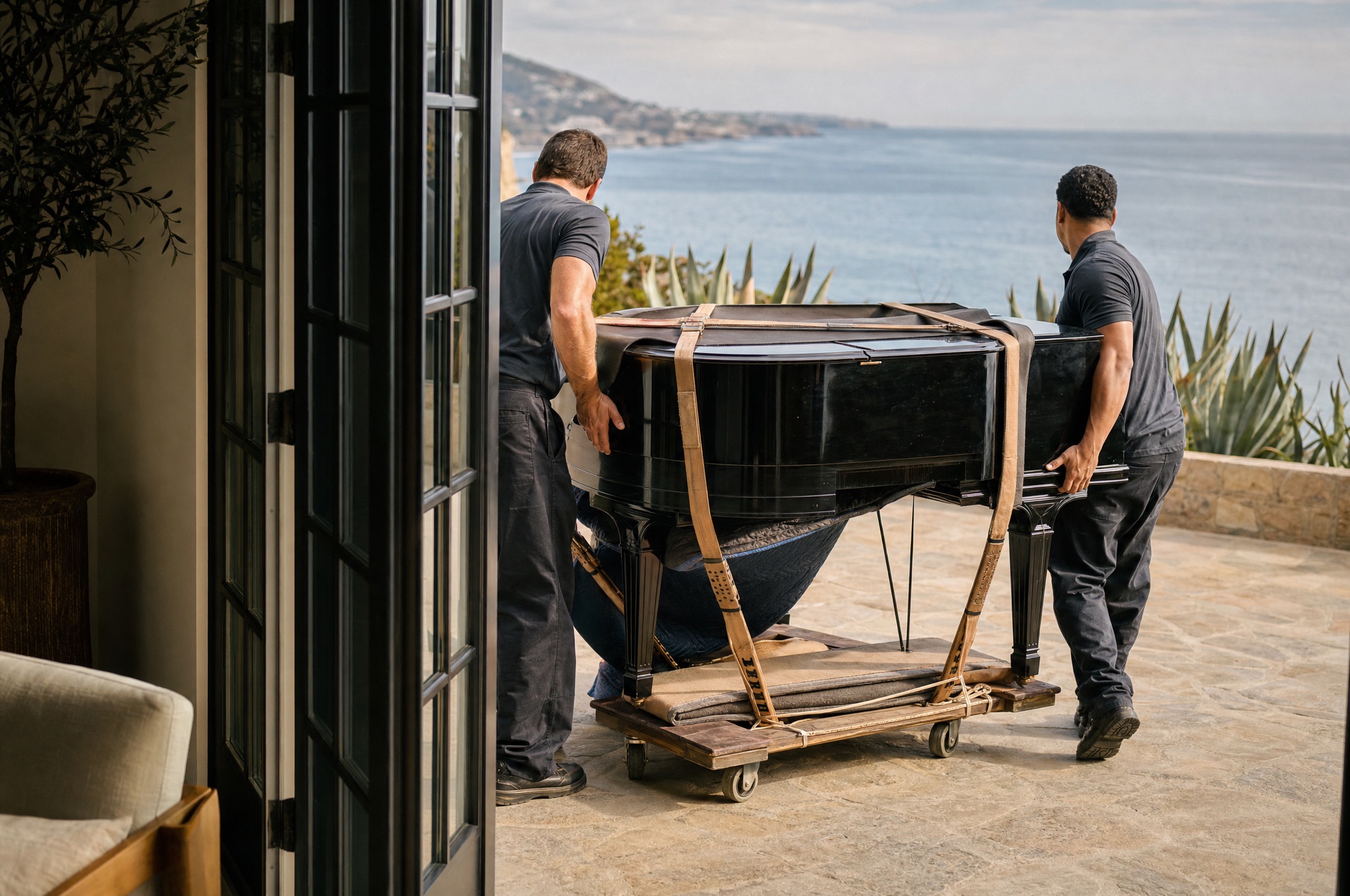 Two movers guiding a grand piano on a piano board through French doors at a Laguna Beach hillside home