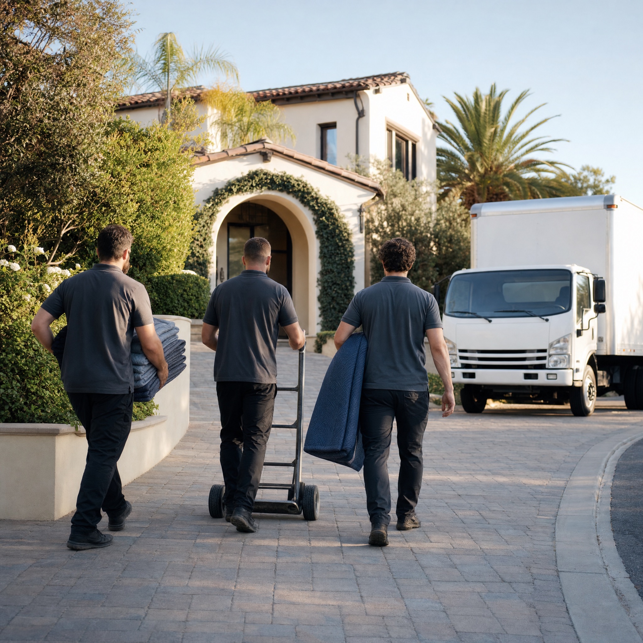 Three uniformed movers walking up a paver driveway with furniture pads and a dolly toward a coastal home